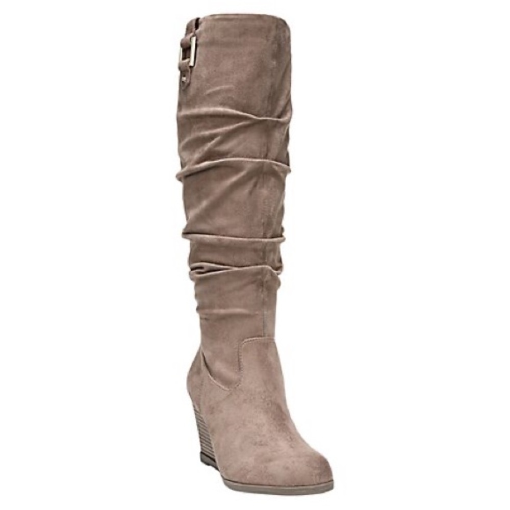 Dr Scholls tan wedge suede WIDE calf boots, Size 7.5, like new